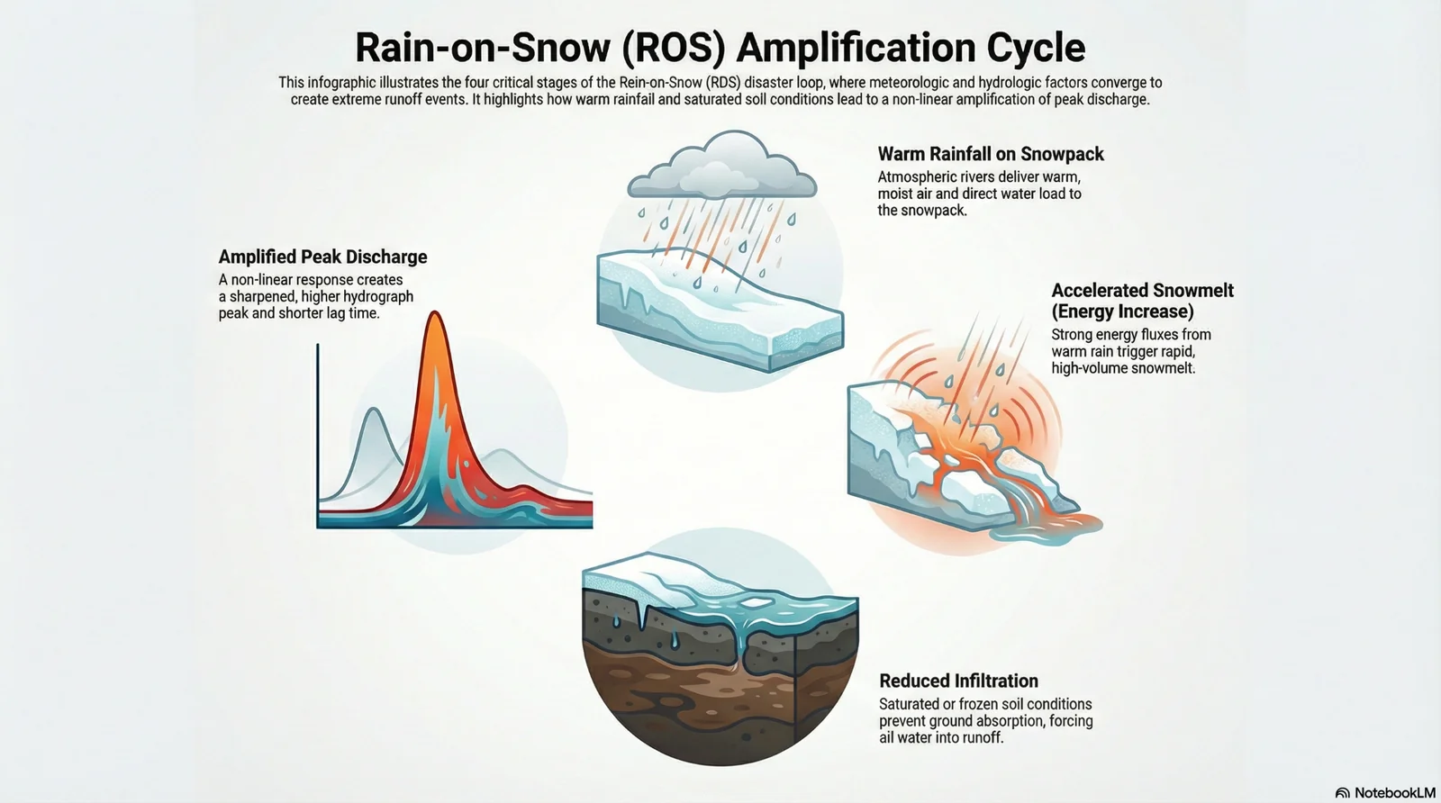 Rain-on-Snow (ROS) Amplification Cycle: warm rainfall, accelerated snowmelt, reduced infiltration, amplified peak