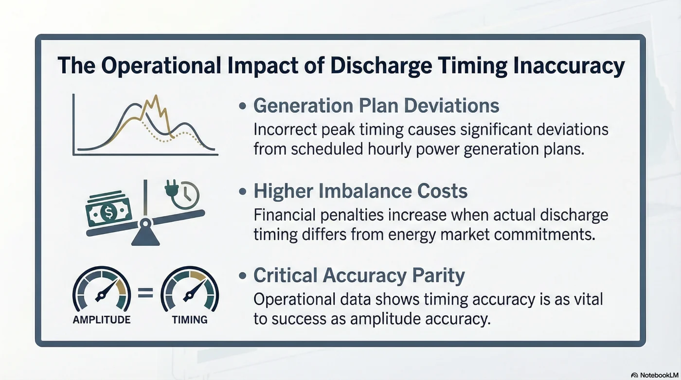 Operational Impact of Discharge Timing Inaccuracy: plan deviations, imbalance costs, amplitude vs timing parity